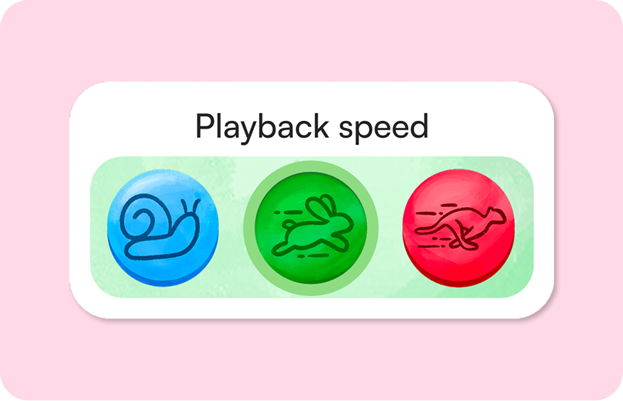 Playback speed choices shown as a snail, a rabbit, and a cheetah