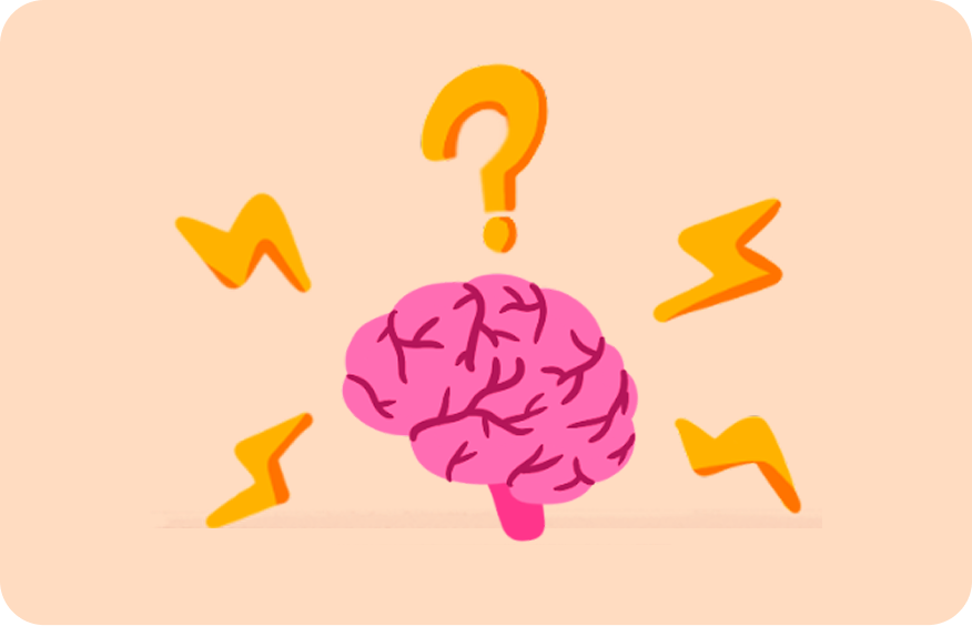 A brain surrounded by a question mark and lightning bolts
