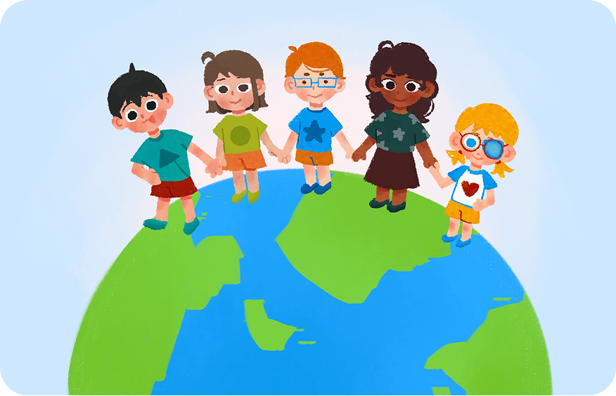 Five children holding hands on top of a globe