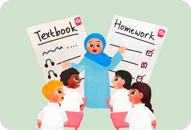 A teacher in a hijab leading a small class, with textbook and homework sheets behind her