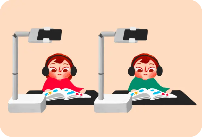 Two children wearing headphones, each reading under a phone on a stand