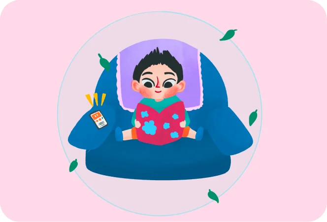 A child reading quietly on a beanbag inside a calm bubble, with a phone beside them