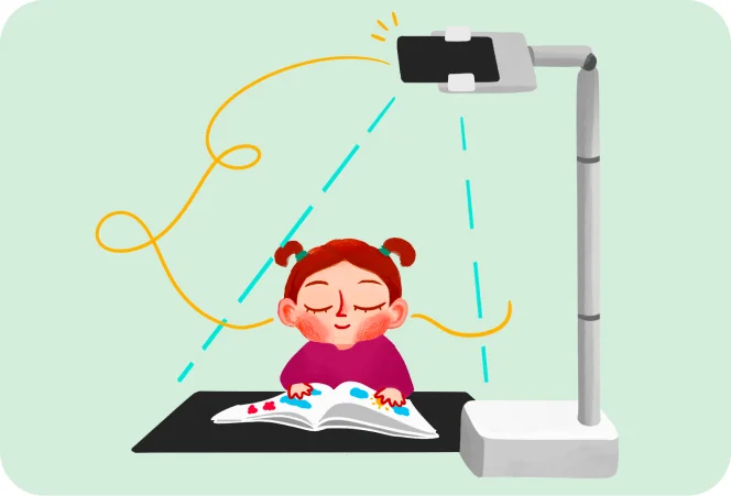 A child with closed eyes reads an open book under a phone on a stand
