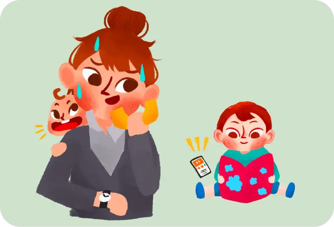 A parent on a phone call with a crying baby on their shoulder, while another child reads a book