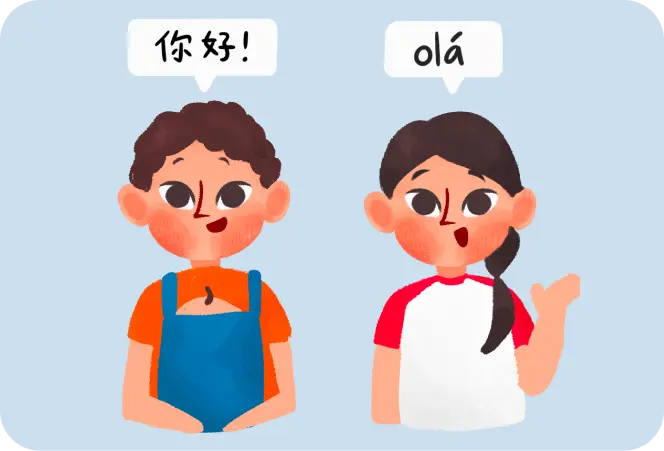 Two children saying hello, one in Chinese and one in Portuguese
