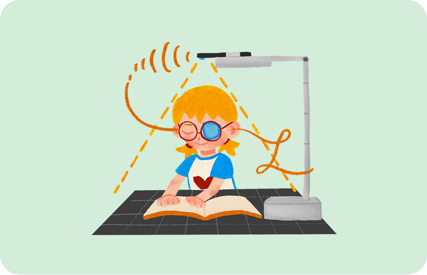 A child wearing glasses reads an open book under a scanning stand