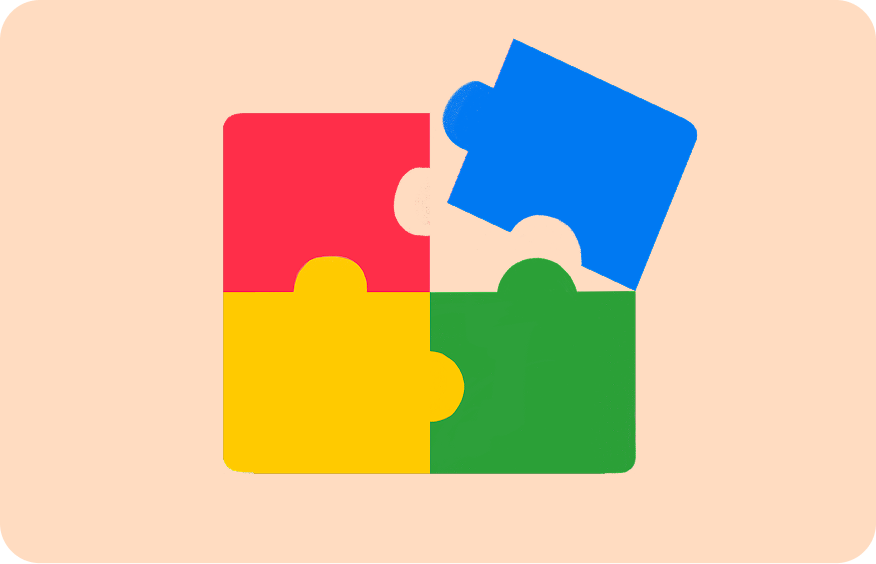 Four puzzle pieces in red, yellow, green, and blue, with the blue piece about to lock into place