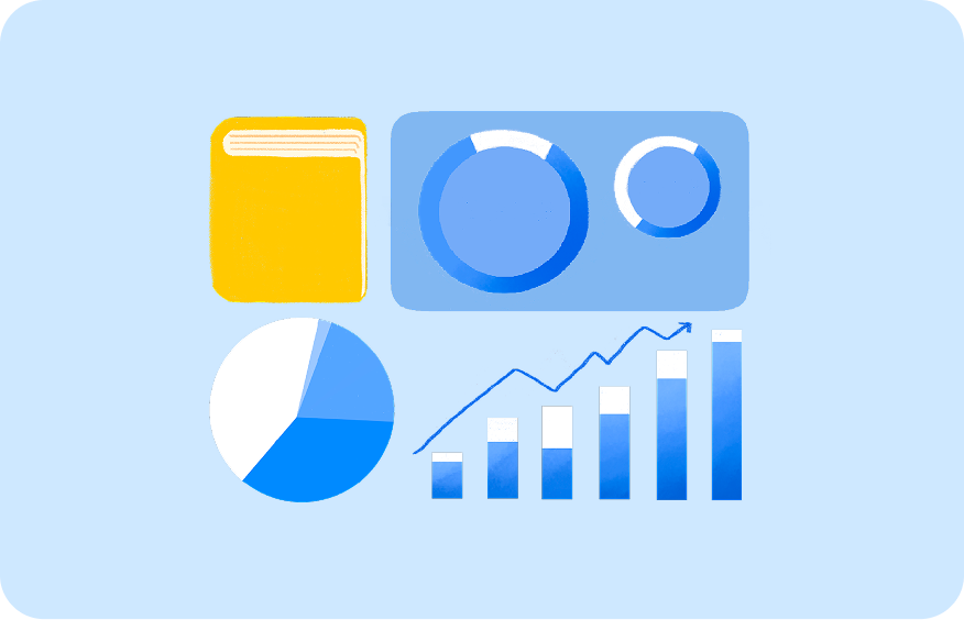 A book beside pie charts, ring charts, and a rising bar graph