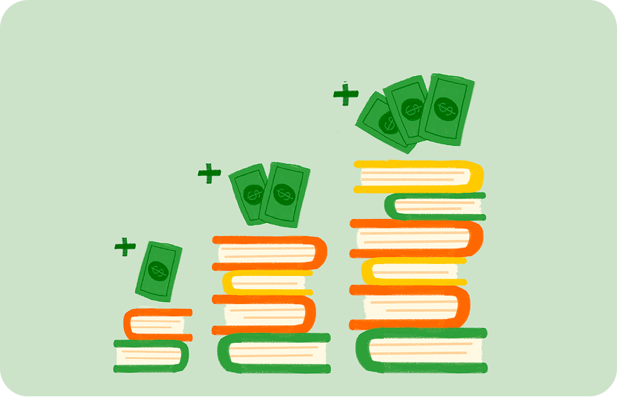 Three stacks of books growing taller, each topped with dollar bills